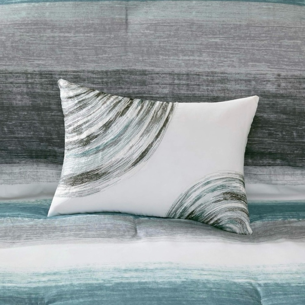 Madison Park Aqua, Gray & White Decorative Accent Pillow 12” x 18” NWOT
